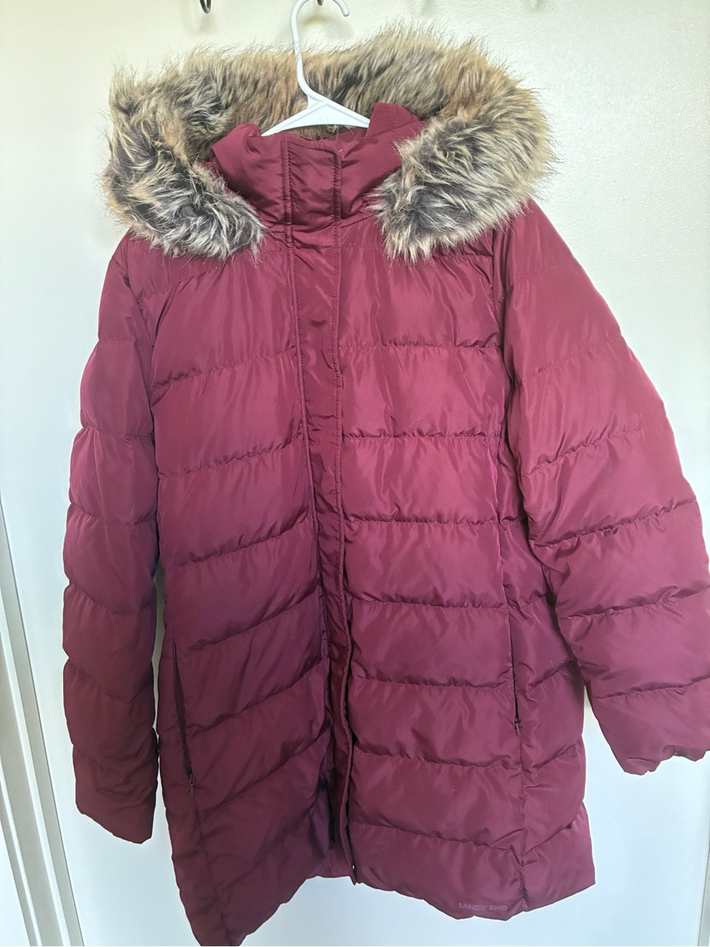 Lands' End Women's Quilted Puffer Coat with Faux-Fur Hood - Berry